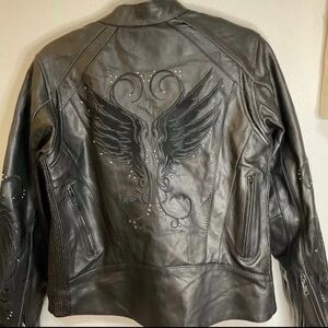 Women’s Black Leather Jacket with Wing Small Motorcycle